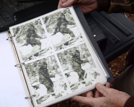 A Sasquatch hunter with still images from the famous 1967 Patterson-Gimlin Bigfoot film, British Columbia, Canada.