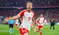 Harry Kane celebrates after scoring Bayern’s second goal in their Champions League semi-final first leg against Real Madrid.