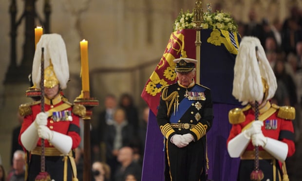 King Charles holds a vigil beside the coffin of Queen Elizabeth II as it lies in state in Westminster Hall.