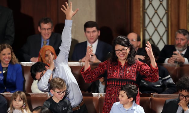 Tlaib at her swearing-in ceremony on Thursday. Pelosi rejected Tlaib’s profanity and her impeachment promise