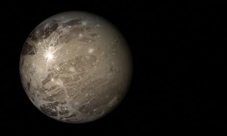 A digitally generated image of Jupiter’s largest icy moon, Ganymede.