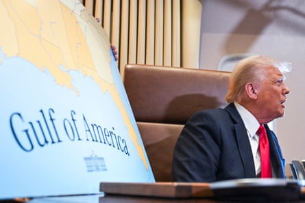 A map labeled the ‘Gulf of America’ next to a man speaking from a desk chair