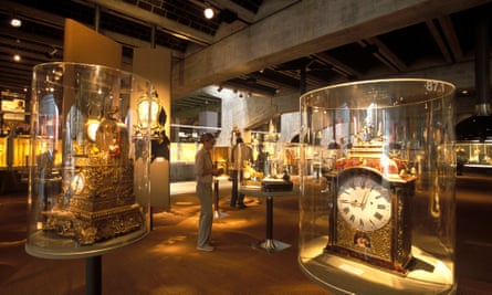 Huge antique clocks inside cases at the International Clock-Making Museum, La Chaux de Fonds.