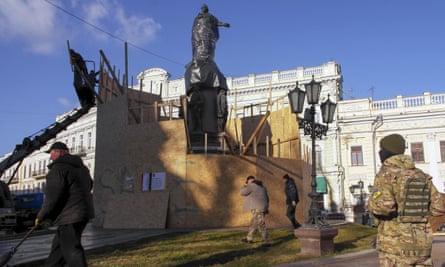 Workers dismantle a monument to Catherine II in the southern Ukraine city of Odessa.