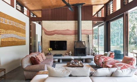 Figtree Hemp House near Byron Bay, by Balanced Earth Architects, has an exposed hempcrete wall with a unique oxide pattern.