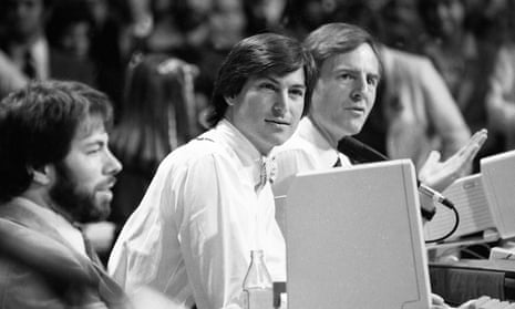 Steve Wozniak, Steve Jobs and John Sculley at the launch of Apple IIc, 1984.