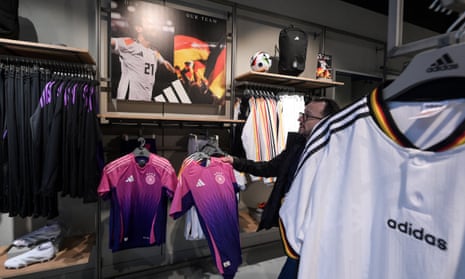 Germany's national team jerseys made by Adidas pictured in the official store on 22 March 2024 in Frankfurt