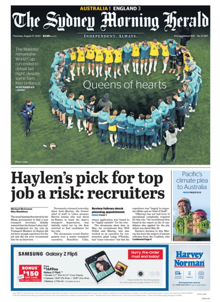 Sydney morning herald cover Thu 17 Aug after Matildas defeat