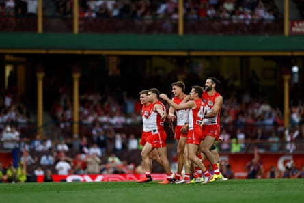 Tom Papley of the Swans celebrates kicking his fifth goal