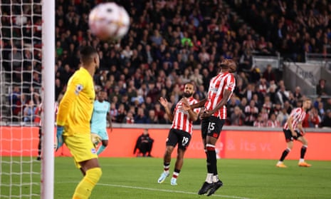 Brentford’s Frank Onyeka reacts after missing a chance to score.