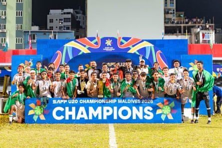 The Bangladesh U-20 national team celebrate winning the SAFF Championship.