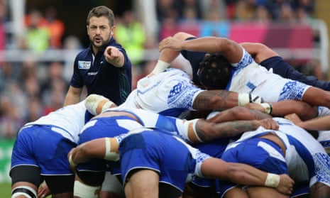 Greig Laidlaw of Scotland shouts instructions during a scrum.
