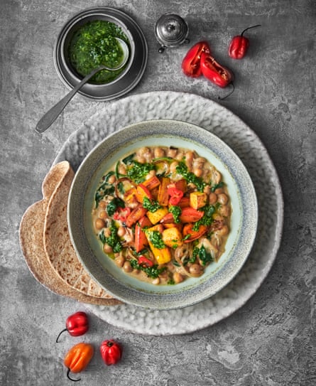 Curried coconut chickpeas and maple roast spiced winter ground provision by Andi Oliver. Food styling: Livia Abraham. Prop styling: Pene Parker.