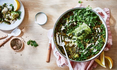 Mean, green feast machine: green shakshuka with quinoa and fish.