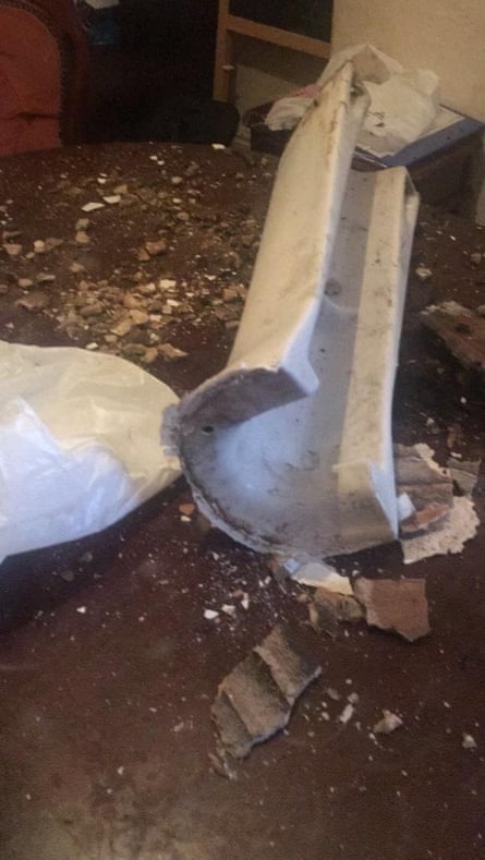 An asylum seeker’s room in Greater Manchester where a sink pedestal fell through the ceiling.