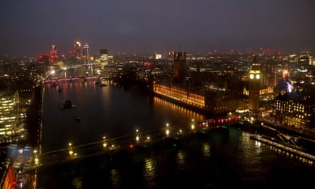 A view of the River Thames at night in London.