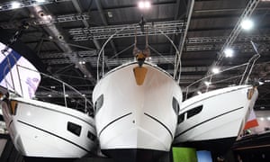 Sunseeker yachts at the London Boat Show on 10 January 2018.