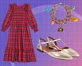 A composite of sequin free party looks, including a red tartan dress, a charm bracelet and a pair of gold flat shoes