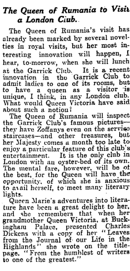 Old Guardian article headlined ‘The Queen of Rumania to Visit a London Club’