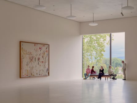 Inside the new gallery at Beyeler - a painting and a big window and people