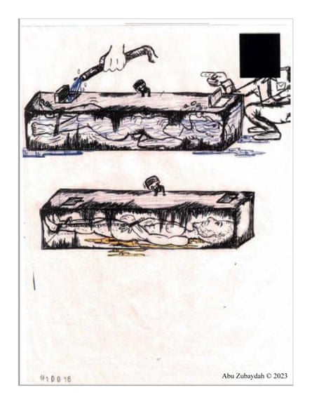 Drawing of a prisoner being locked into a coffin-like box which is then filled with water.