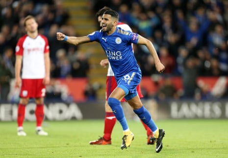 Riyad Mahrez of Leicester City celebrates after scoring to make it 1-1.