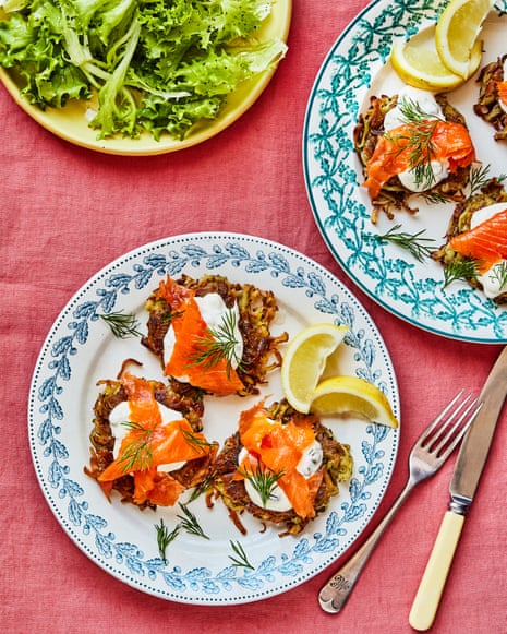 smoked trout and crispy potato cakes with capers, caraway and dill