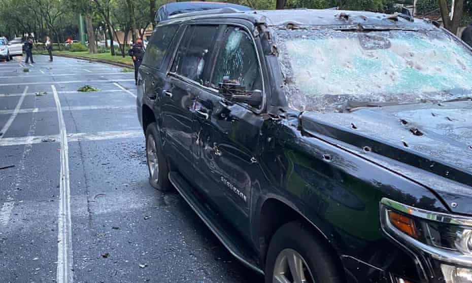 The bullet-riddled car of Mexico City’s police chief, Omar García Harfuch, who survived the attack.