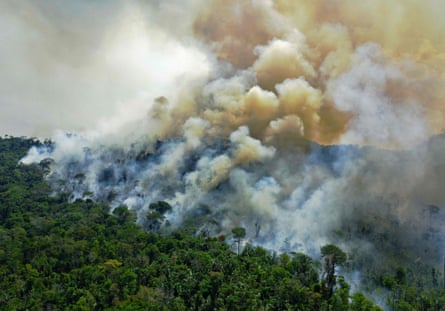 A burning area of Amazon rainforest reserve, south of Novo Progresso in Para state, Brazil.