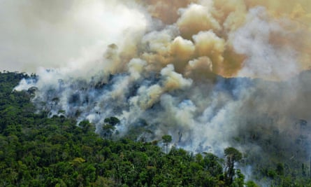 An aerial view of a burning area of Amazon rainforest reserve in 2020.