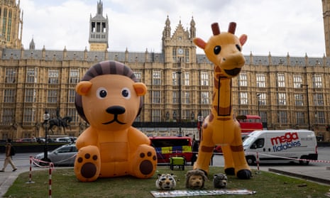 A large inflatable lion and giraffe outside of Westminster as part of an anti-hunting protest