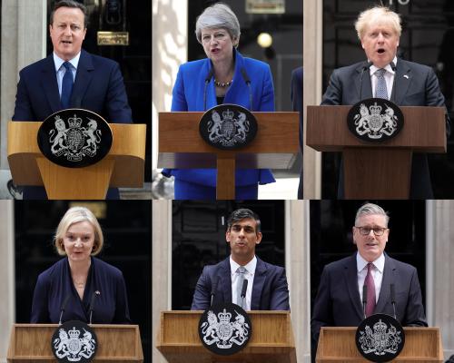 composite of Cameron, May, Johnson, Starmer, Sunak and Truss at the Downing Street lectern
