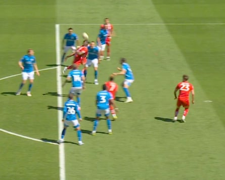 Charlie Kelman is clearly offside as he shapes to meet Omar Beckles’ flick-on