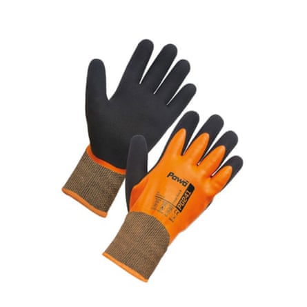 A pair of Pawa PG241 Latex Coated Water Resistant Thermal Gloves. One glove is face up the other face down.