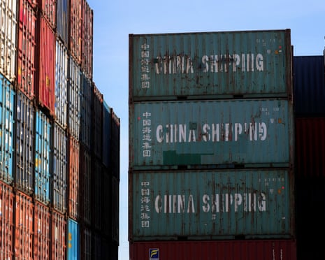 China Shipping Container Lines Co. shipping containers sit stacked at Duisport shipping port in Duisburg, Germany.