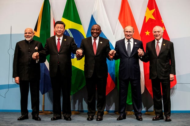 The prime minister of India, Narendra Modi; the president of China, Xi Jinping; the president of South Africa, Cyril Ramaphosa; the president of Russia, Vladimir Putin; and the president of Brazil, Michel Temer