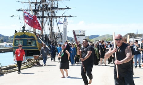 Crew of the HMB Endeavour replica are greeted in Gisborne, New Zealand