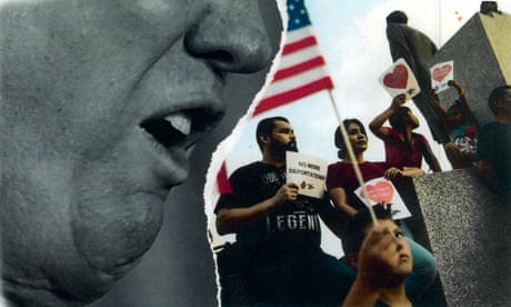 composite image of person's mouth and people holding signs and US flag