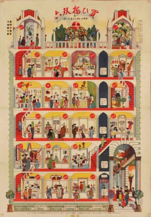 Shopping Sugoroku, 1914, Ryūshi Kawabata. Sugoroku (double sixes) is a popular Japanese board game played with a set of dice. The examples here are from a version of the game known as picture sugoroku, which consists of illustrated game boards loosely resembling those of Chutes and Ladders. Many picture sugoroku games of the early 20th century were created as advertisements, printed on poster-size paper and included as supplements to popular women’s magazines.