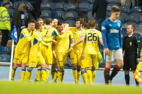 St Johnstone’s Graham Cummins, centre, is congratulated by his team-mates after scoring the visitor’s third goal.