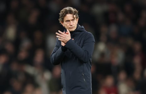 Thomas Frank applauds Tottenham Hotspur fans after watching his team get beaten at home by West Ham. One presumes the ovation was not reciprocated.
