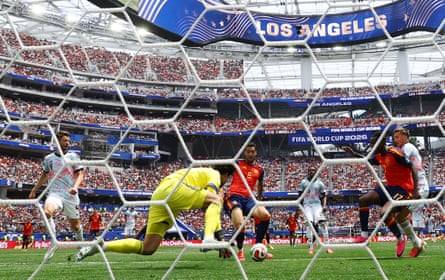 Spain’s Mikel Merino scores their second goal past Belgium’s substitute keeper Senne Lammens.