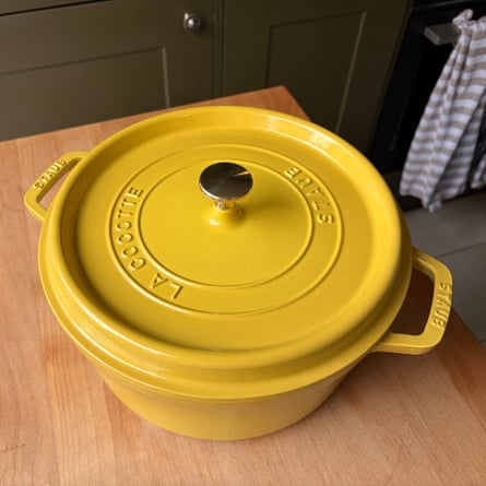 Staub 28cm round cast-iron cocotte in mustard.