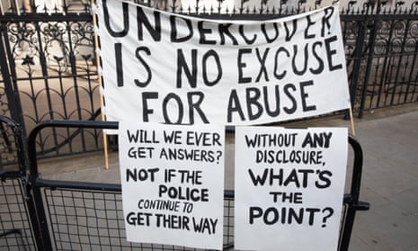 Banners outside the Royal Courts of Justice during the judge-led public inquiry into alleged misconduct of undercover police officers who spied on hundreds of different political groups. 