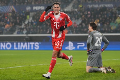 Bayern’s Jamal Musiala celebrates after scoring his side’s sixth goal.