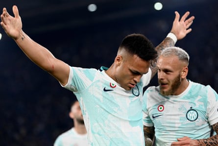 Lautaro Martínez of Inter celebrates scoring the equaliser against Fiorentina in the Coppa Italia final on Wednesday night.