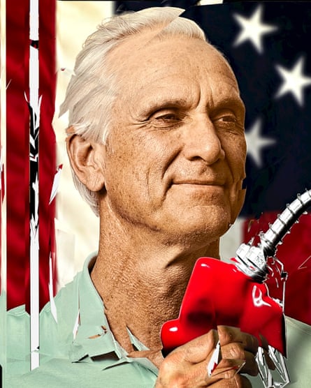 A stylized image of an old white man with a smirk on his face and holding a gas pump in his hand. In the background a part of the Stars and Stripes is visible.