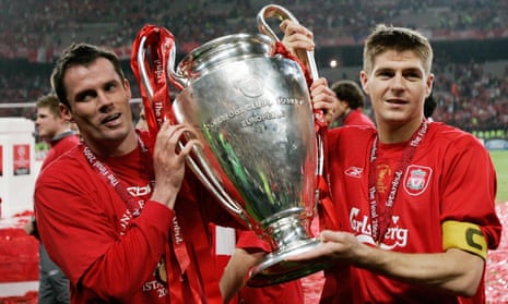 Jamie Carragher and Steven Gerrard show off the Champions League trophy in 2005.