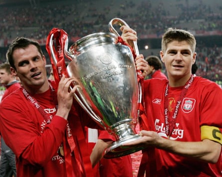 Jamie Carragher & Steven Gerrard with the European Champions League trophy after Liverpool beat AC Milan on penalties in Istanbul in 2005.