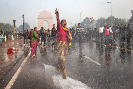 Police turn water cannon on protesters outraged by 2012’s fatal Delhi bus rape.